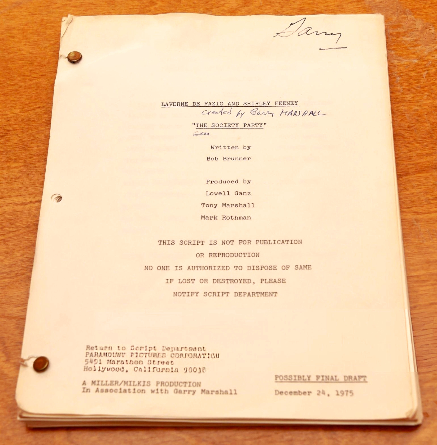 24TH December 1975Pilot Script“Laverne & Shirley“