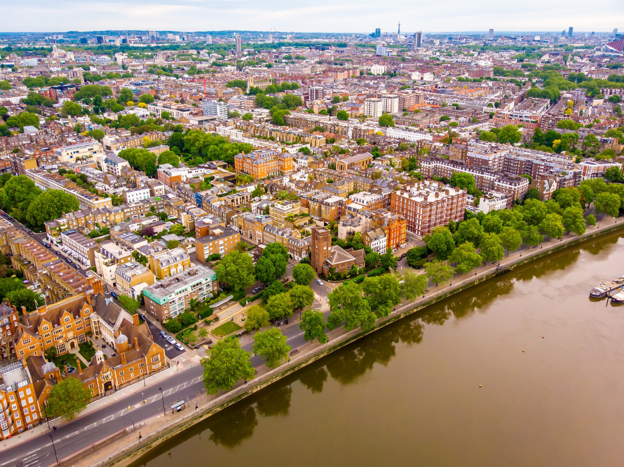 Aerial view of Chelsea, in central Londonwith Old Chelsea Church centre-foreground